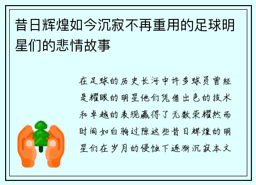 昔日辉煌如今沉寂不再重用的足球明星们的悲情故事